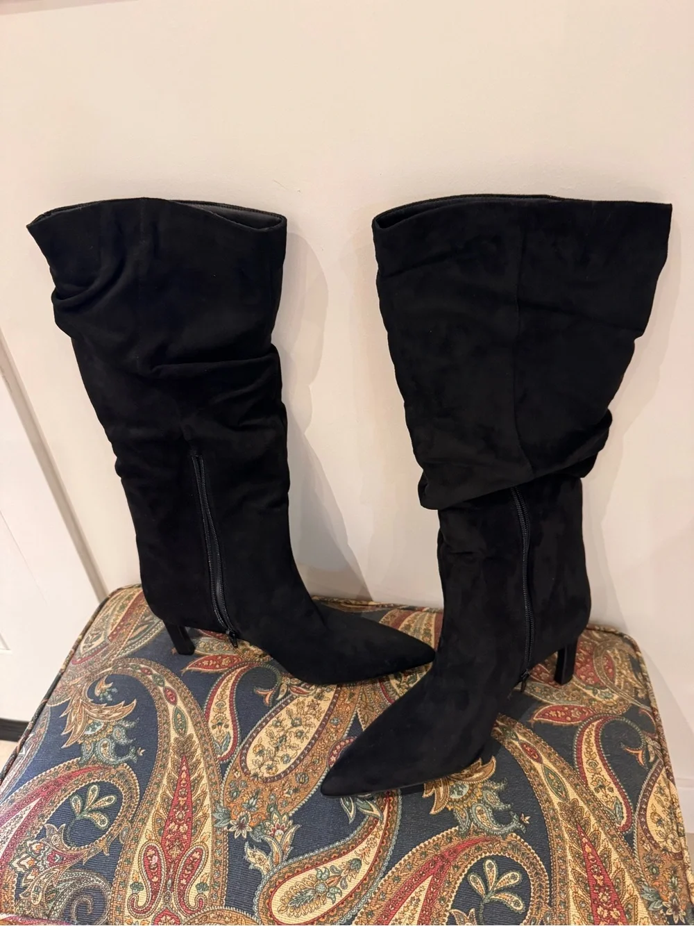 Black Size 10 suede look calf zip up boot wrap th kitten heels